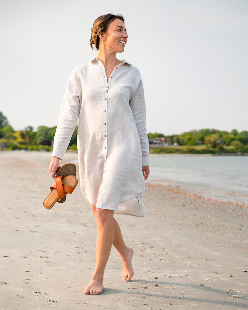Line in The Sand Swim Coastal Linen Shirt Dress L Silver